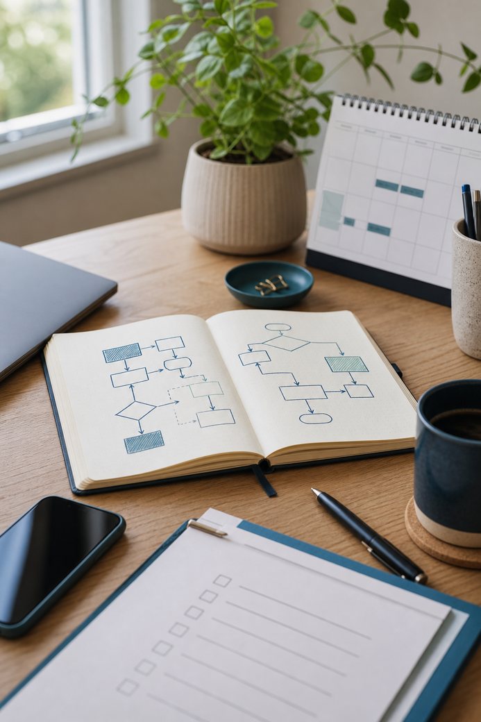 Organized workspace with workflow notes, planner, and business tools